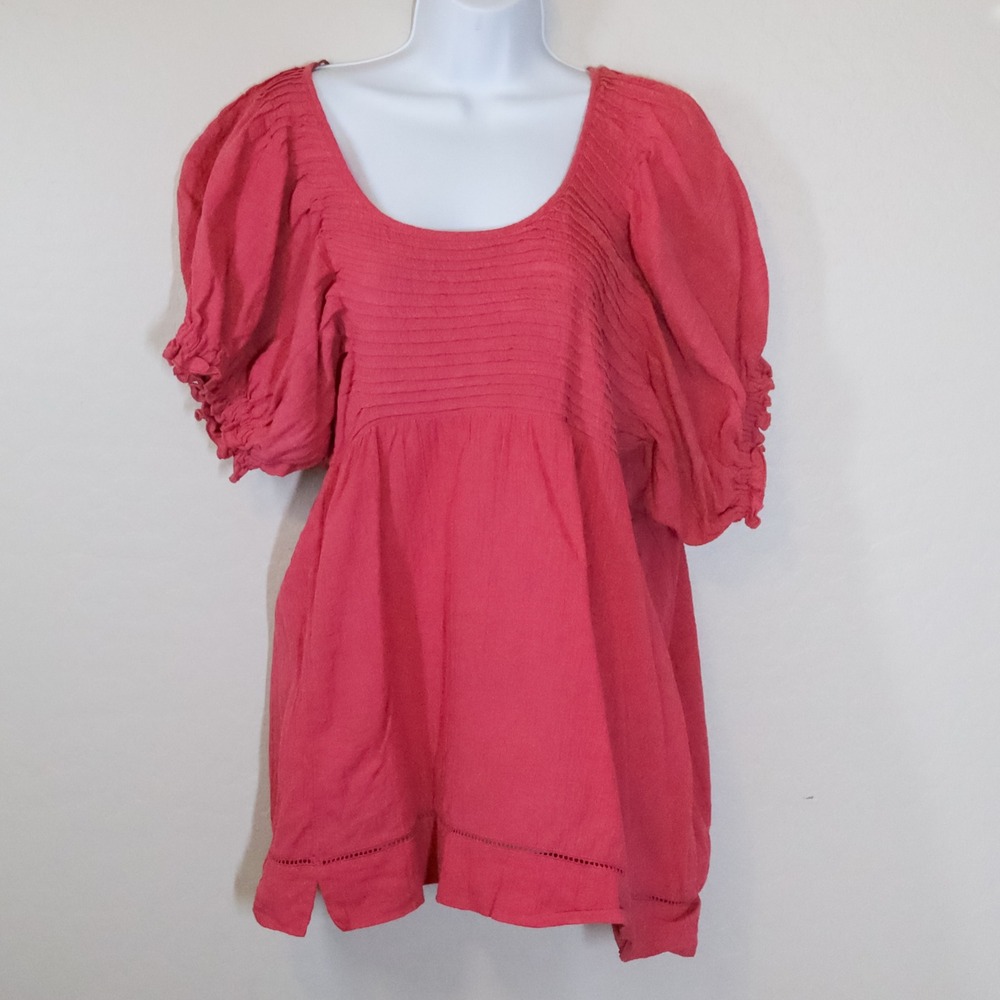 Free People Elsie Puff Sleeve Cotton Linen Blend Tunic Top Women XS Pink Boho